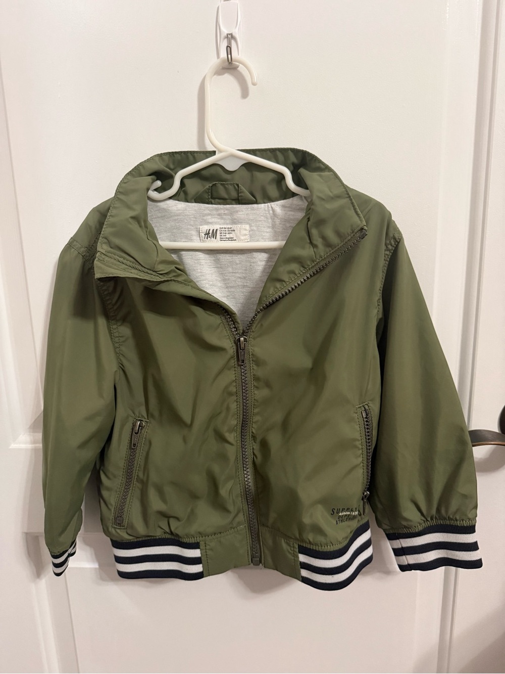 H&M Kids Olive Green Puffer Bomber Jacket with Striped Cuffs